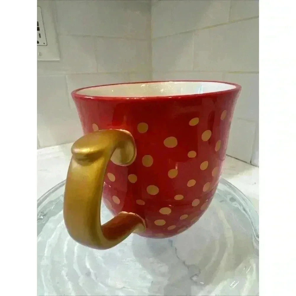 The Pioneer Woman Collection Red Gold Polka Dotted Stoneware Mug Ornate Handle